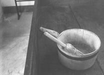 SA0741.49 - Photo of wooden dipper and "boonder" (for scrubbing pails and pans) in Ministry Wash House.